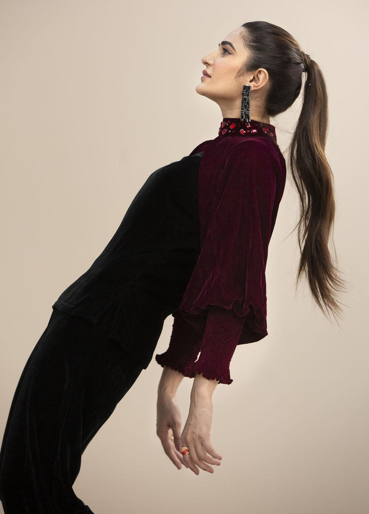 Hana Luxury Pret Embroidered Velvet Top Catch Me Red