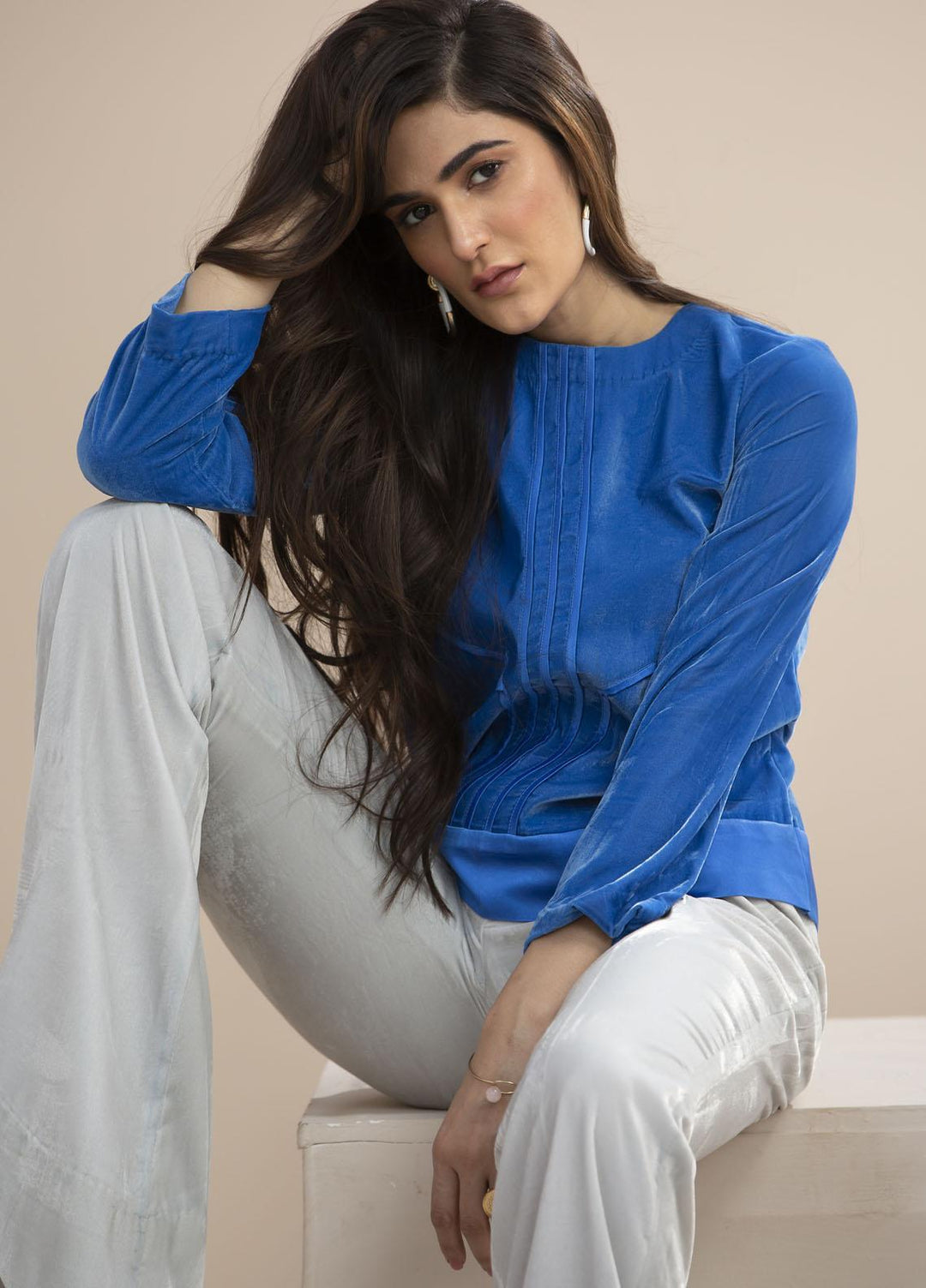 Hana Luxury Pret Embroidered Velvet Top Mid night Blue