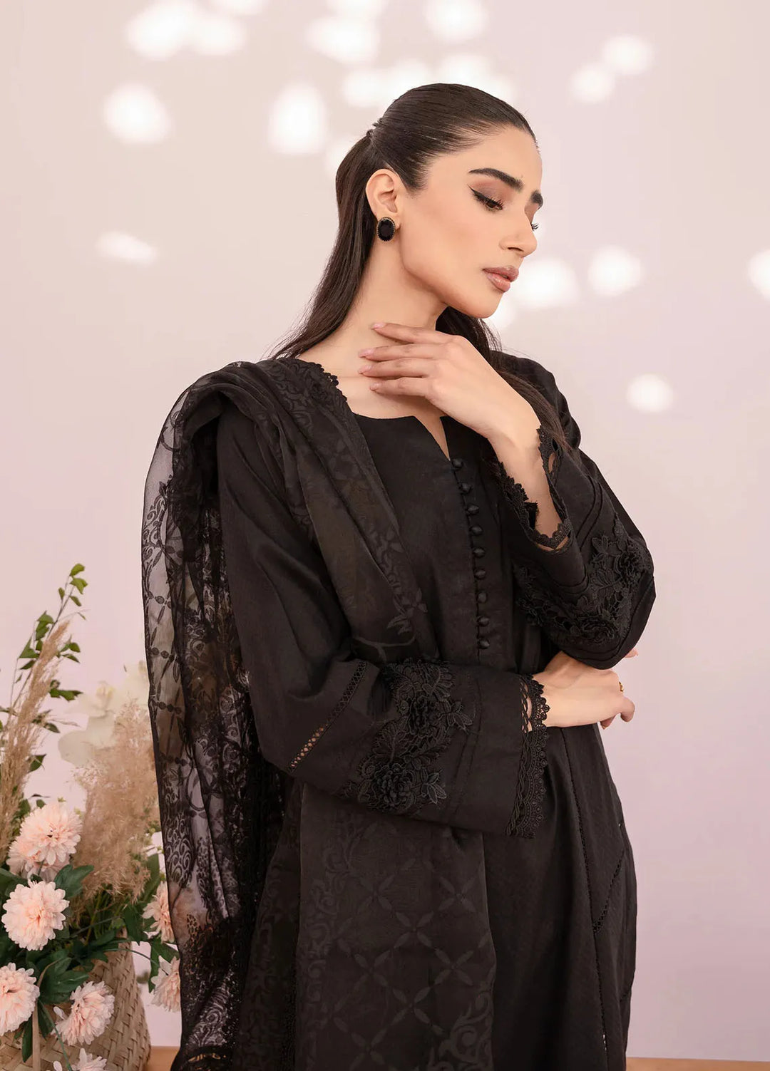 Hana Pret Embroidered Cotton 3 Piece Suit Onyx