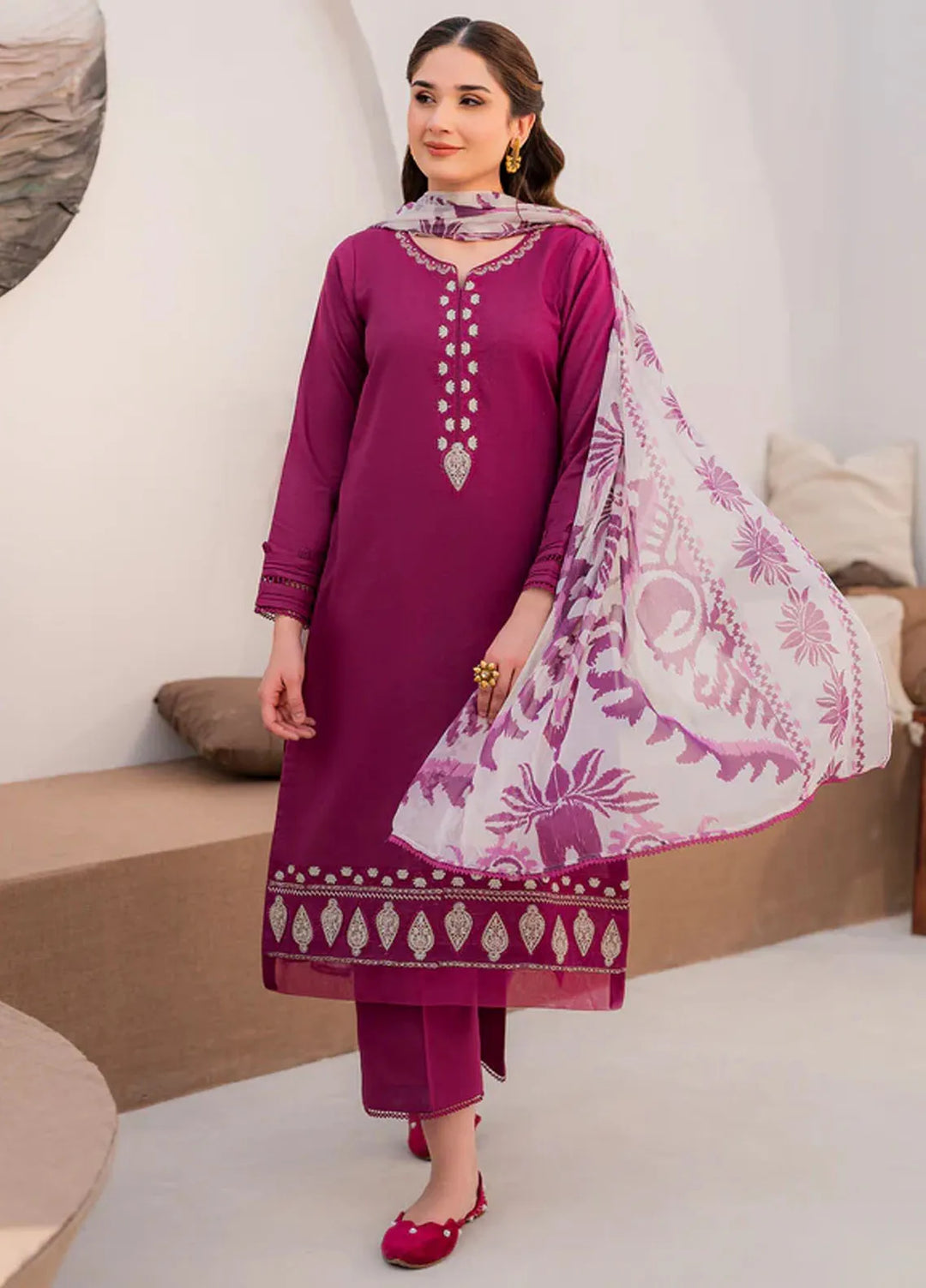 Hana Pret Embroidered Lawn 3 Piece Suit Burgundy