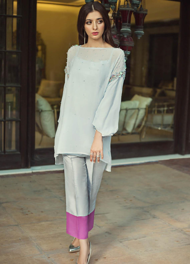 Hana Luxury Pret Embroidered Raw Silk 2 Piece Dress Blue Berry Swirl