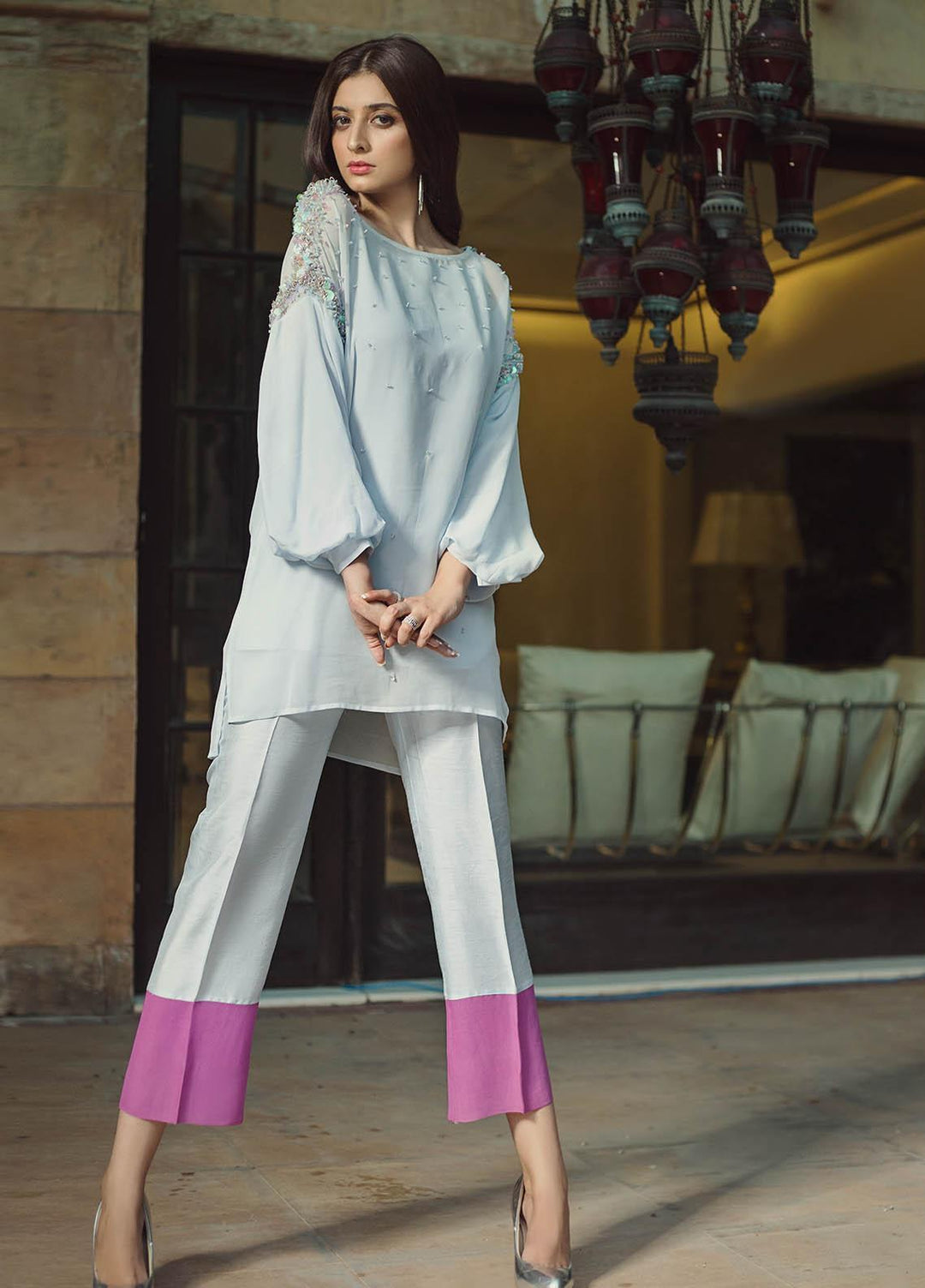 Hana Luxury Pret Embroidered Raw Silk 2 Piece Dress Blue Berry Swirl