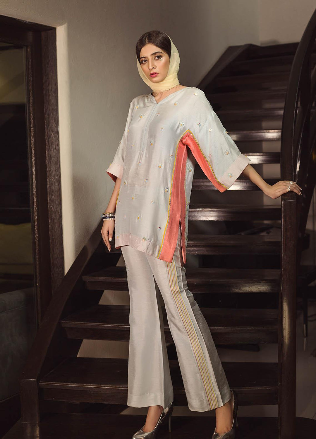 Hana Luxury Pret Embroidered Raw Silk 2 Piece Dress Ice Berry