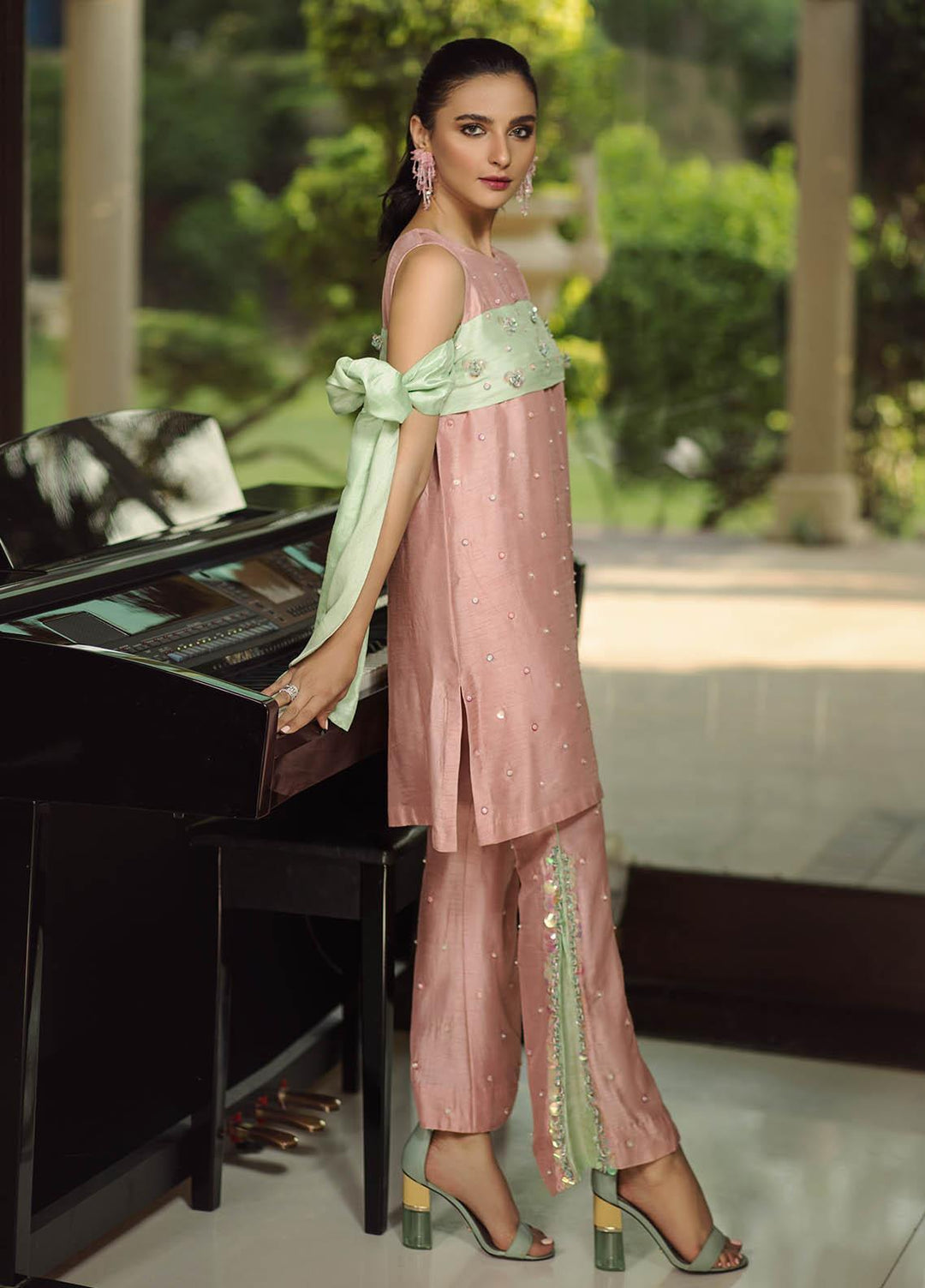 Hana Luxury Pret Embroidered Raw Silk 2 Piece Dress Pistachio