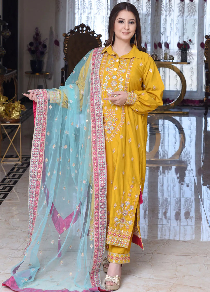 Haseen By Ayat Pret Embroidered Cotton Silk 3 Piece Suit Chandan