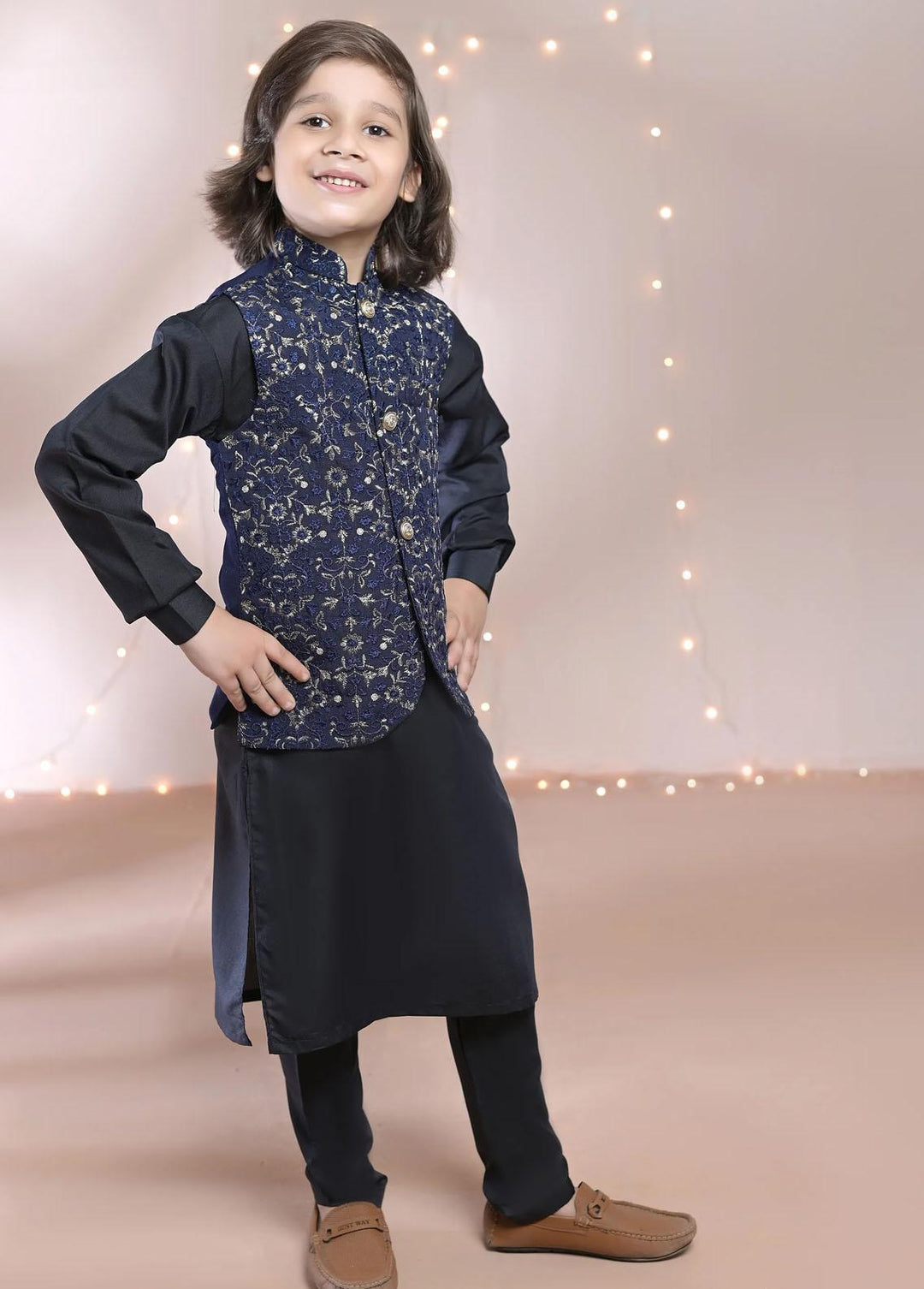 Hassan Jee  Embroidered Boys 3 Piece Suit -  Blue  - V27