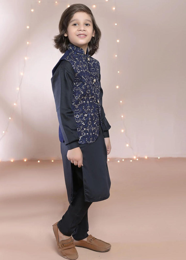 Hassan Jee  Embroidered Boys 3 Piece Suit -  Blue  - V27