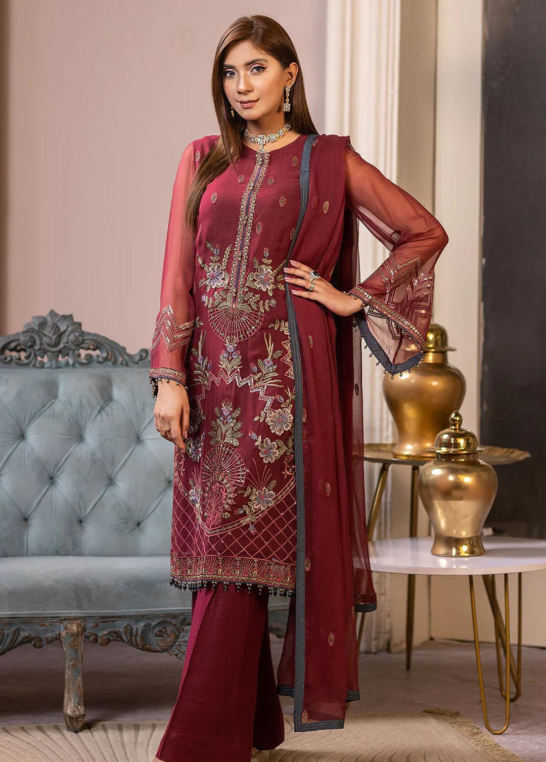 Haya By Kuch Khas Embroidered Chiffon Suits Unstitched 3 Piece FL23-KK14 K-1409 Warda - Festive Collection