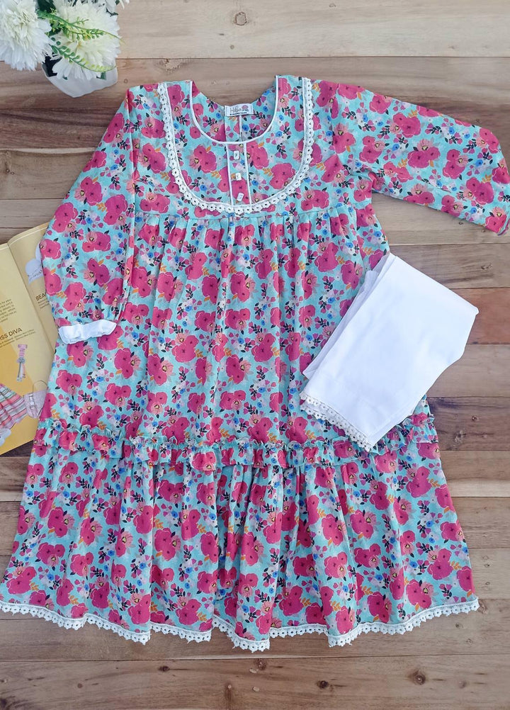 Hiba Clothing Lawn Casual Girls 2 Piece Suit -  HBT-104 TURQUOISE