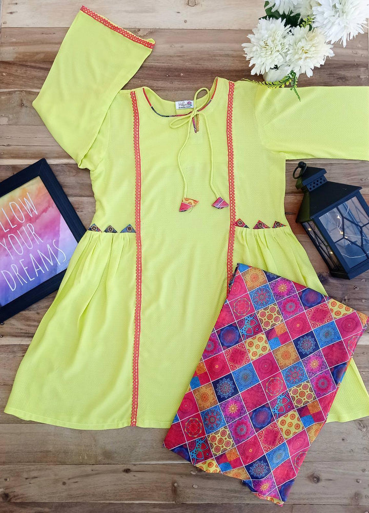 Hiba Clothing Lawn Casual 2 Piece Suit for Girls -  HBT-105 VIVID LEMON
