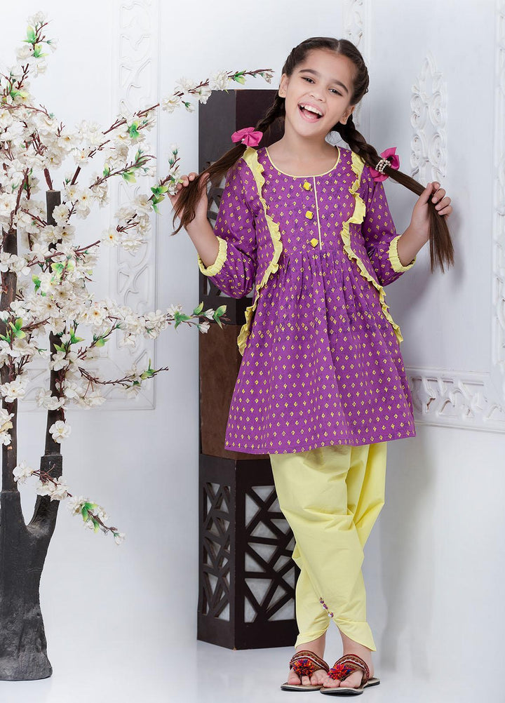 Hiba Clothing Cotton  2 Piece Suit for Girls -  HPW-005 PURPLE AND LIME