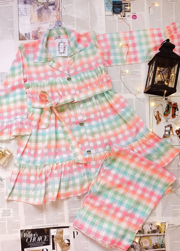 Hiba Clothing Linen  Girls 2 Piece Suit -  HPW-002 NEON CHECK