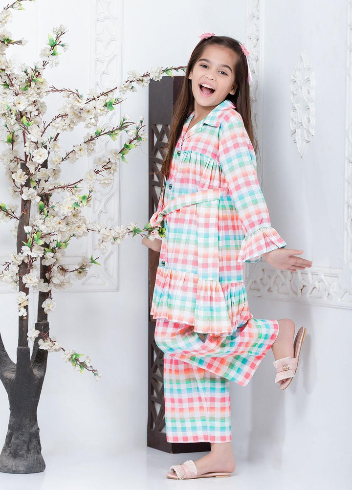 Hiba Clothing Linen  Girls 2 Piece Suit -  HPW-002 NEON CHECK