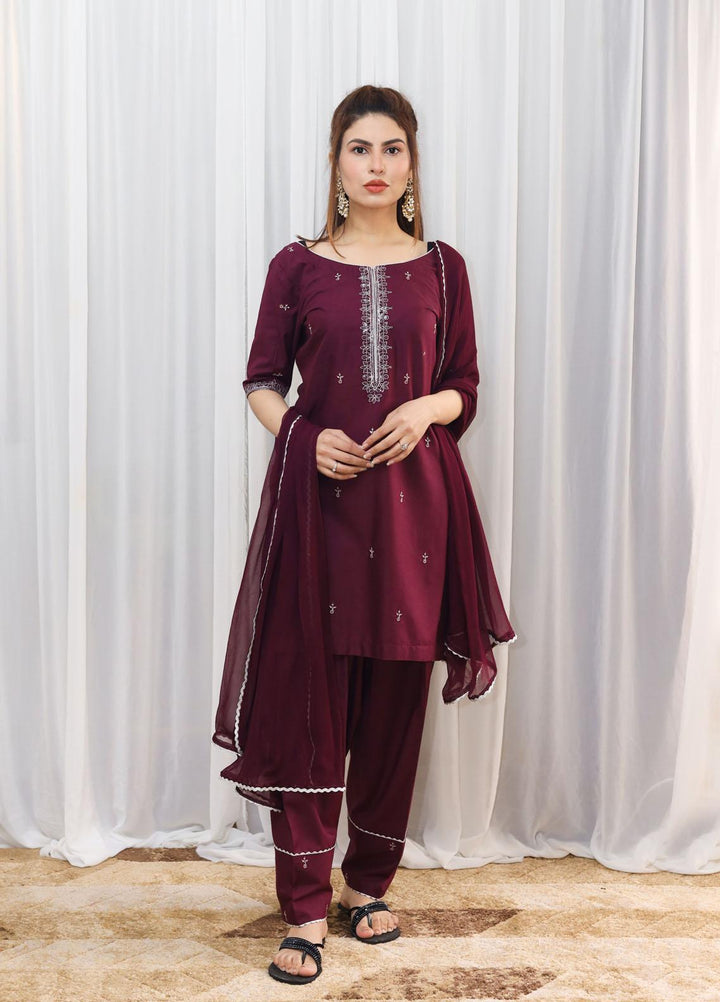 Hina Hassan Studio Casual Pret  Cotton 3 Piece Dress Plum Perfection W03P0223