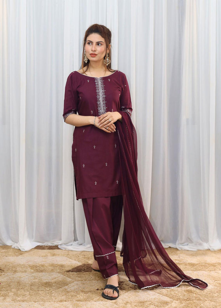 Hina Hassan Studio Casual Pret  Cotton 3 Piece Dress Plum Perfection W03P0223