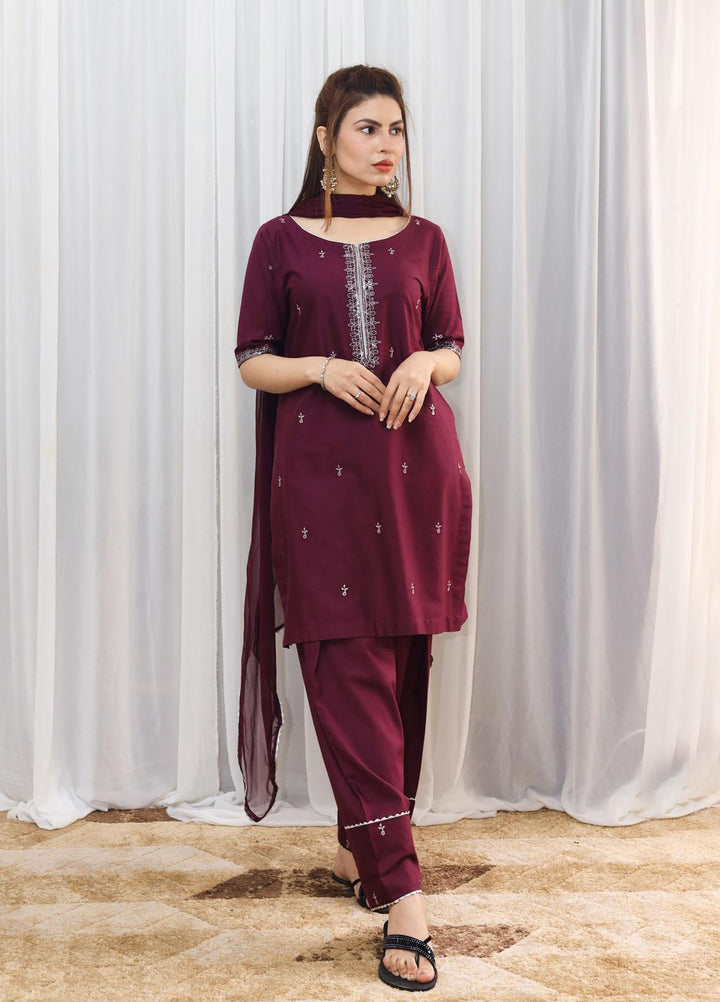Hina Hassan Studio Casual Pret  Cotton 3 Piece Dress Plum Perfection W03P0223
