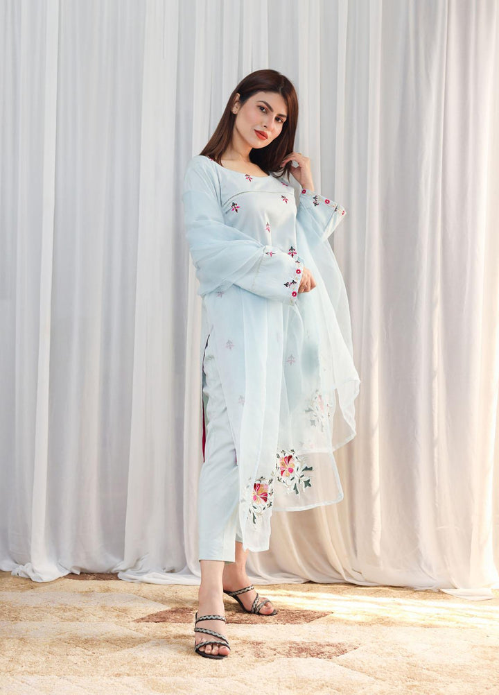 Hina Hassan Studio Casual Pret  Cotton 3 Piece Dress Mist Blue W03B0223