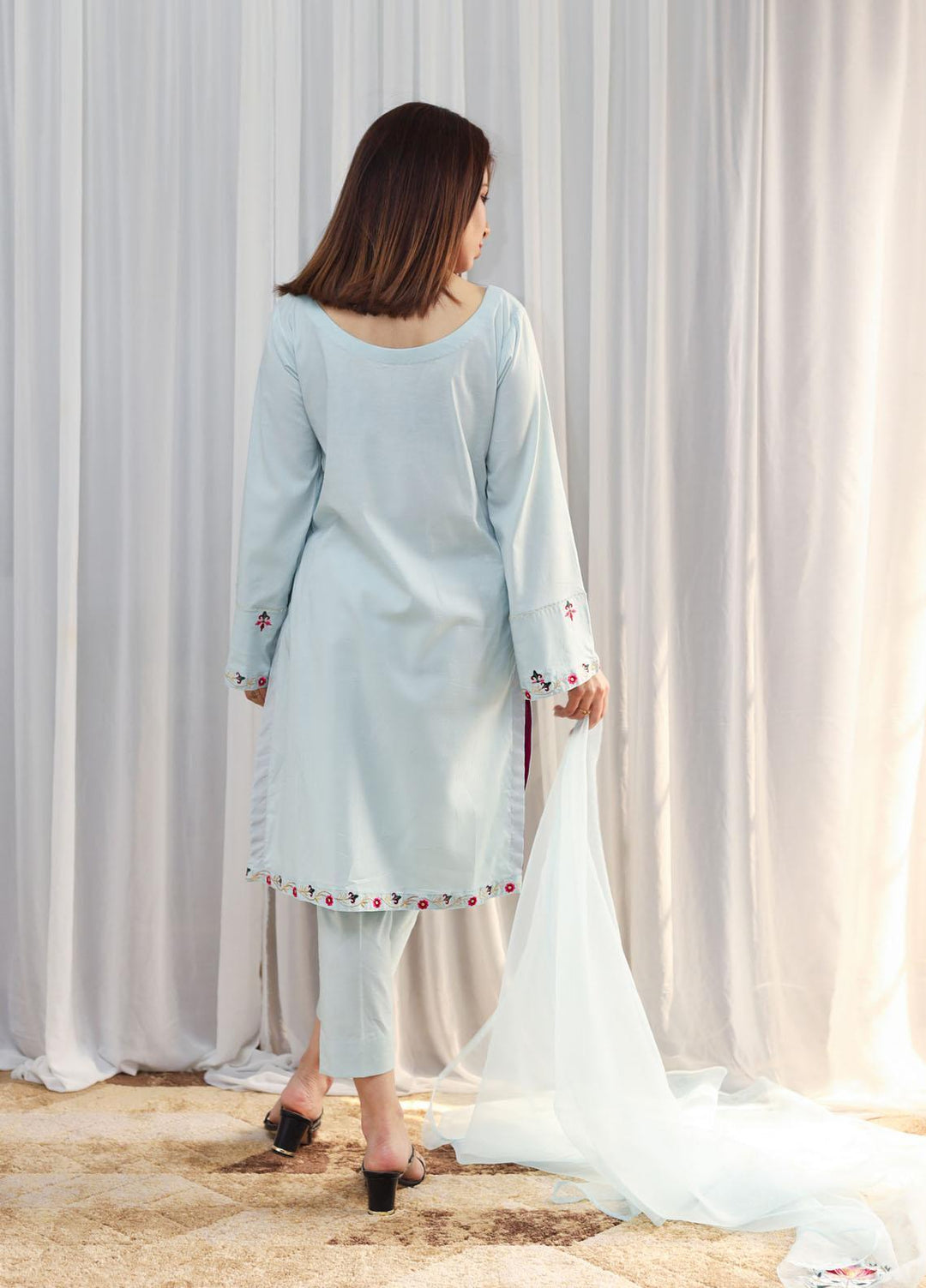 Hina Hassan Studio Casual Pret  Cotton 3 Piece Dress Mist Blue W03B0223
