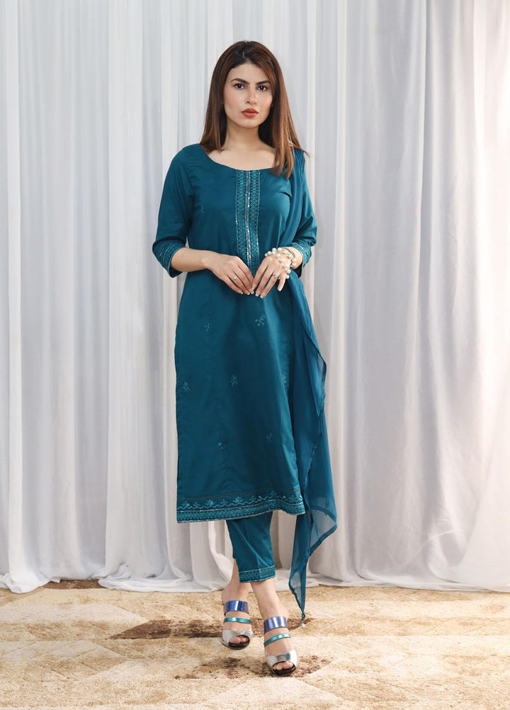Hina Hassan Studio Casual Pret  Cotton 3 Piece Dress Serene Blue W03S0223