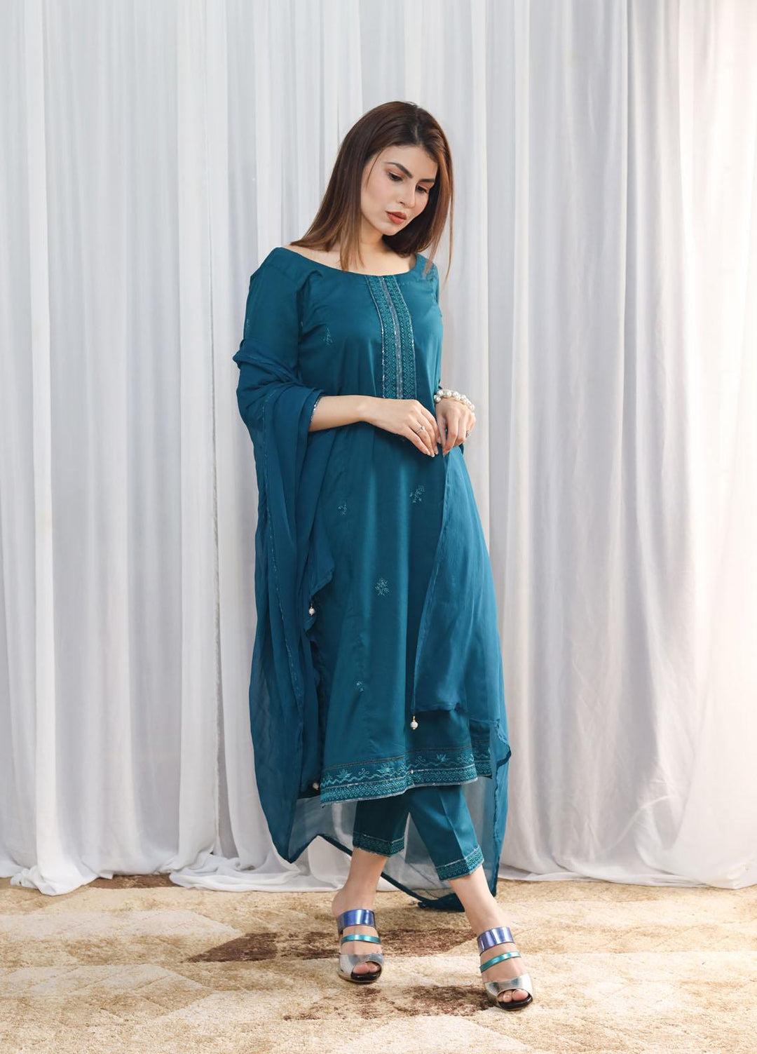 Hina Hassan Studio Casual Pret  Cotton 3 Piece Dress Serene Blue W03S0223