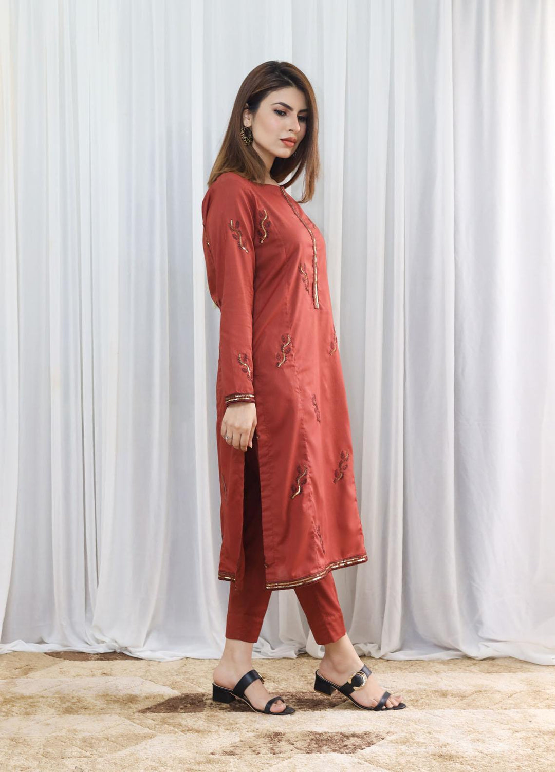 Hina Hassan Studio Casual Pret  Cotton 2 Piece Dress Sunset Rust  W02R0223