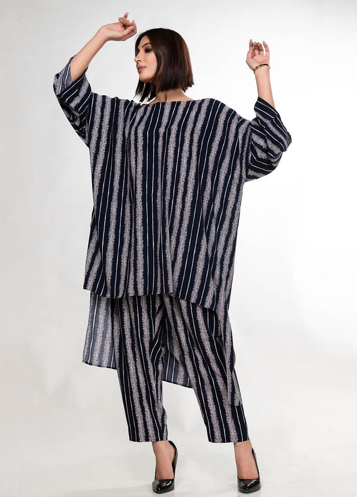 House of Vasli Casual Pret  Linen 2 Piece Dress HOV23CP AL0010-2023 Dark Blue suit with lines