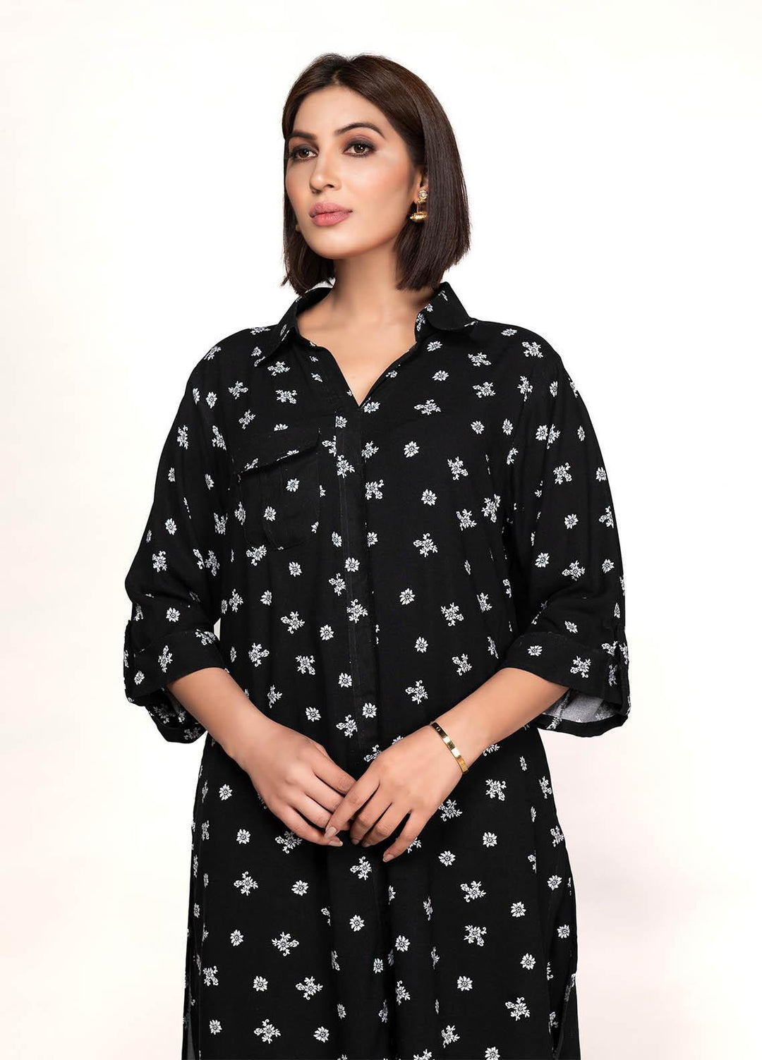 House of Vasli Casual Pret  Linen 2 Piece Dress HOV23CP AL0011-2023 Black with white Floral