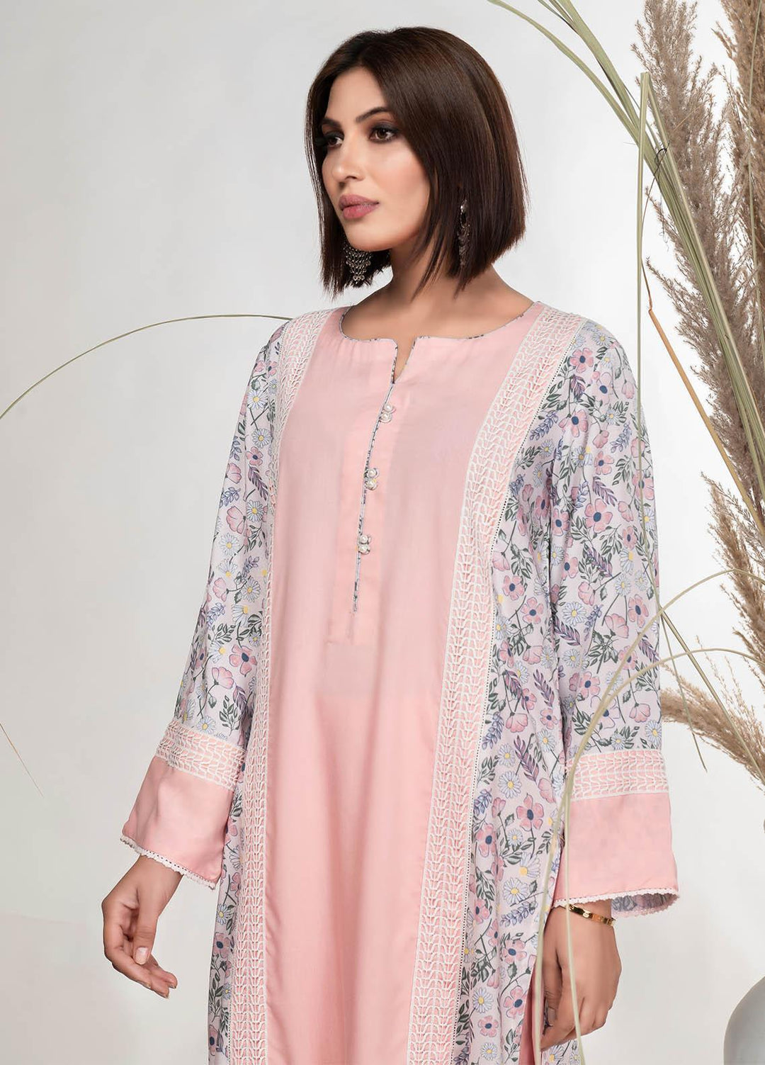 House of Vasli Casual Pret  Linen 2 Piece Dress HOV23CP AL0012-2023 Pink with White Lace