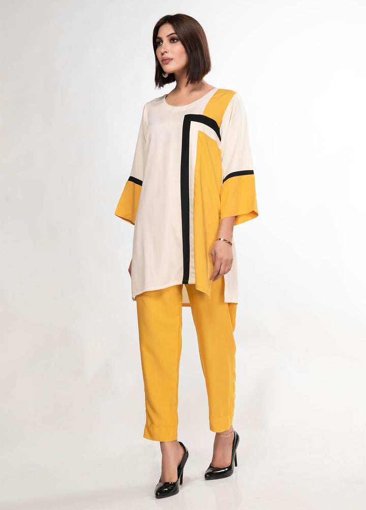 House of Vasli Casual Pret  Linen 2 Piece Dress HOV23CP AL0013-2023 Off white with Yellow and Black