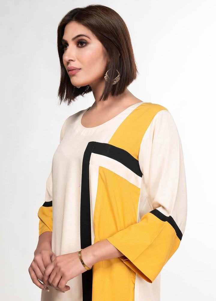House of Vasli Casual Pret  Linen 2 Piece Dress HOV23CP AL0013-2023 Off white with Yellow and Black