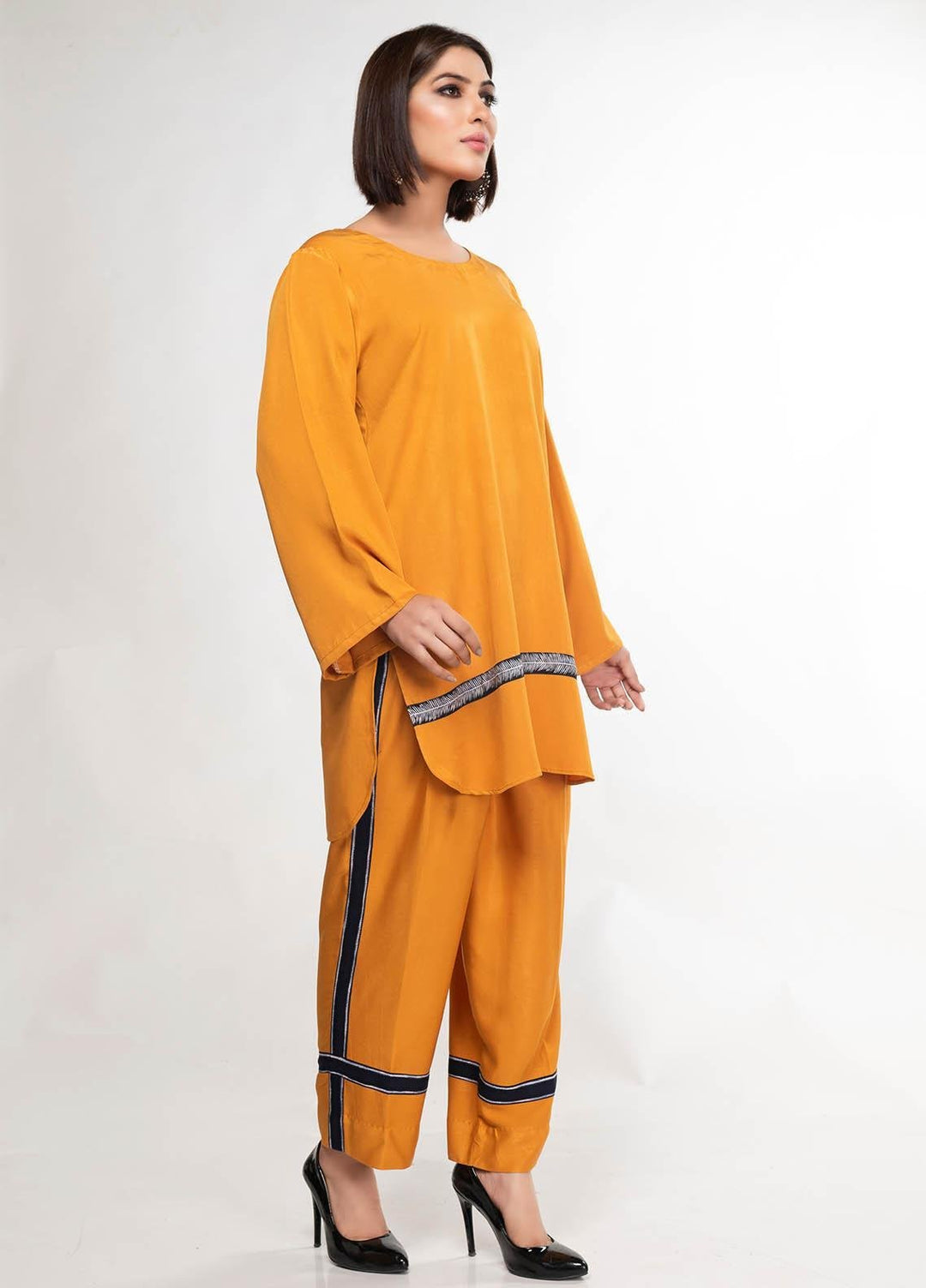 House of Vasli Casual Pret  Linen 2 Piece Dress HOV23CP AL002-2023 Mustard with Blue Strip