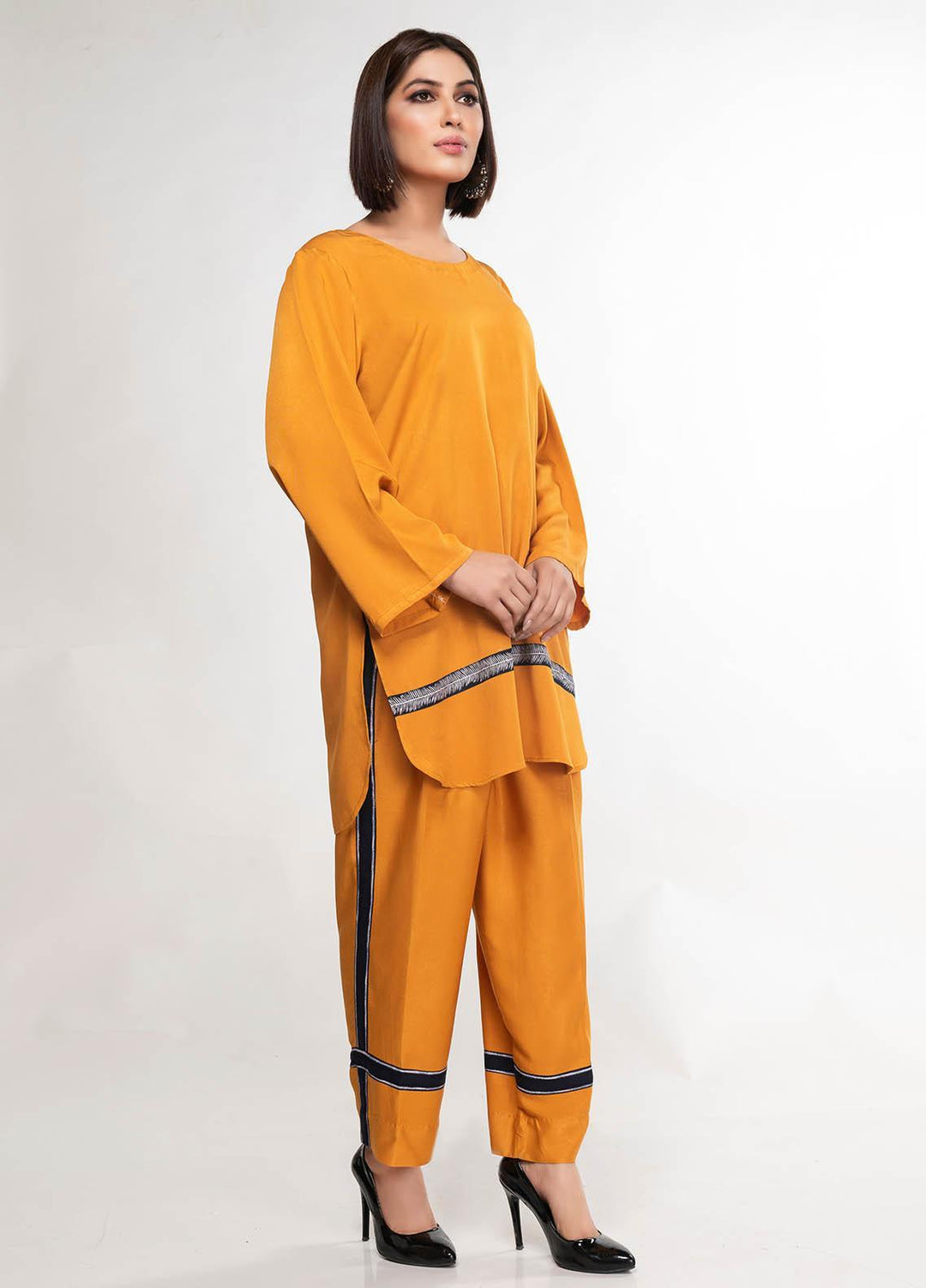 House of Vasli Casual Pret  Linen 2 Piece Dress HOV23CP AL002-2023 Mustard with Blue Strip