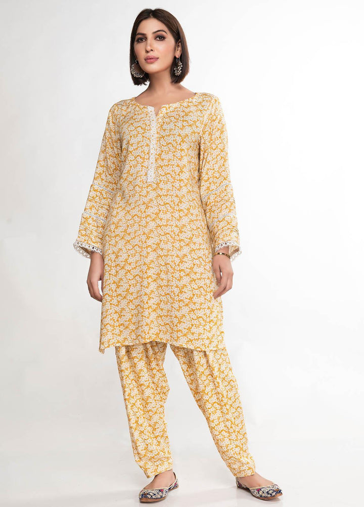 House of Vasli Casual Pret  Linen 2 Piece Dress HOV23CP AL003-2023 Yellow print linen with white lace