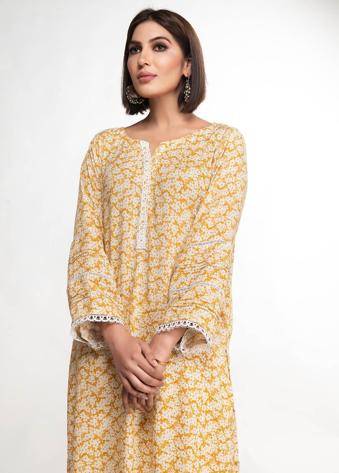 House of Vasli Casual Pret  Linen 2 Piece Dress HOV23CP AL003-2023 Yellow print linen with white lace