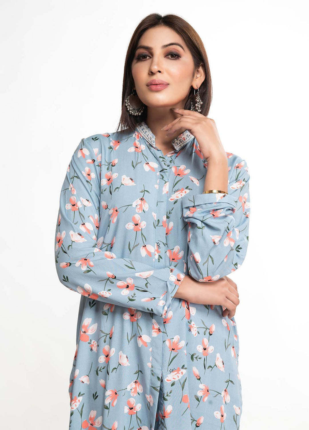 House of Vasli Casual Pret  Linen 2 Piece Dress HOV23CP AL004-2023 Blue with Floral Print