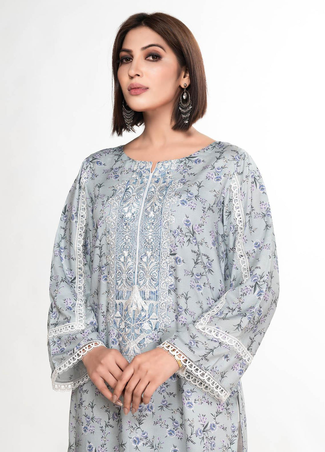 House of Vasli Casual Pret  Linen 2 Piece Dress HOV23CP AL008-2023 Ice blue with white lace