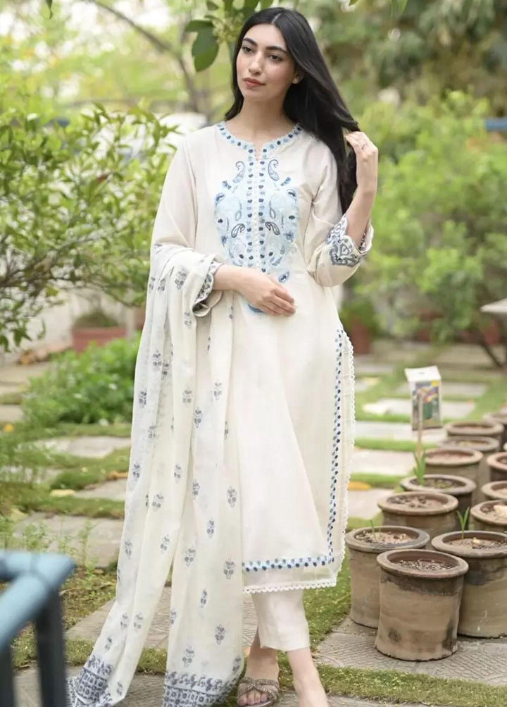 Hues Atelier Pret Embroidered Cotton Net 3 Piece Suit HA23B White Ceramic