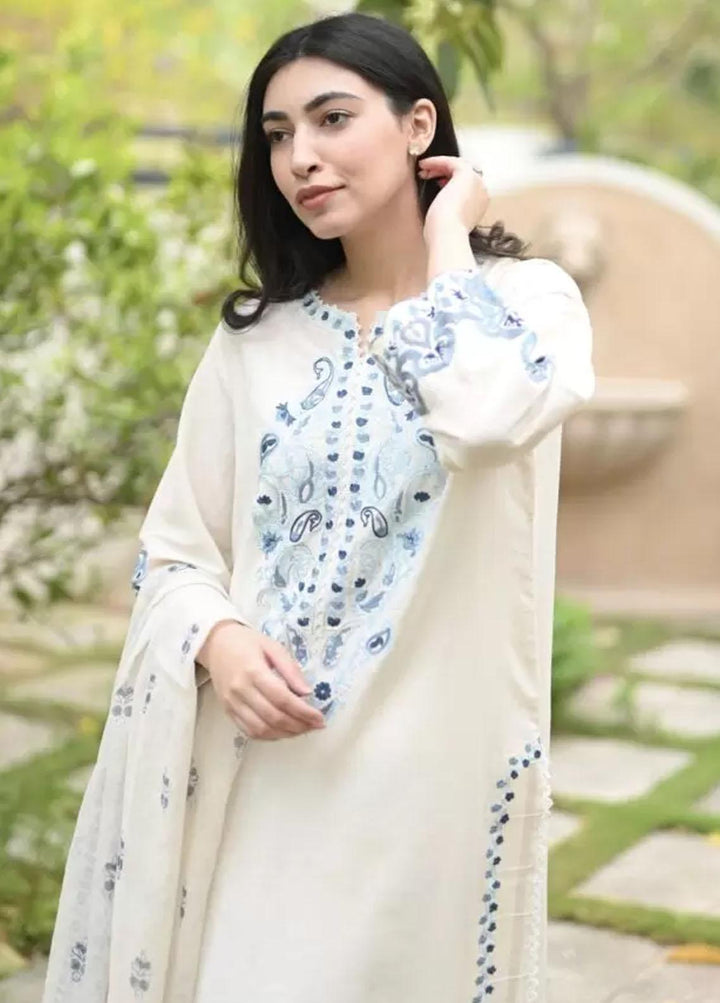 Hues Atelier Pret Embroidered Cotton Net 3 Piece Suit HA23B White Ceramic
