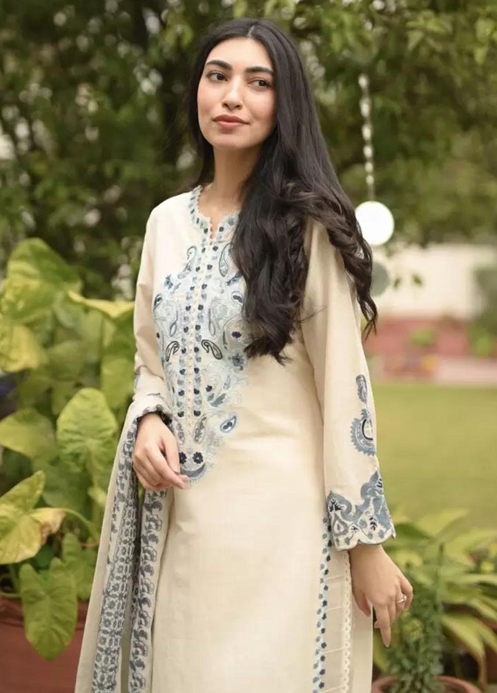 Hues Atelier Pret Embroidered Cotton Net 3 Piece Suit HA23B White Ceramic