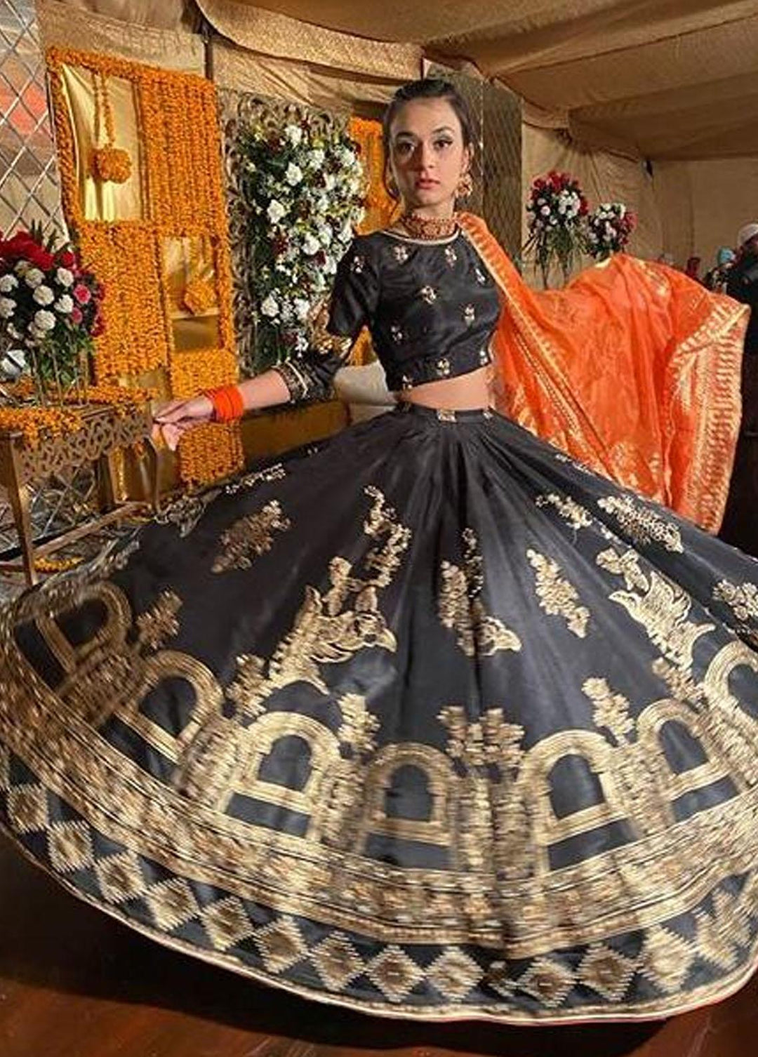 Hues Atelier Pret Embroidered Raw Silk 3 Piece Suit HA23LF Black Lehnga Choli