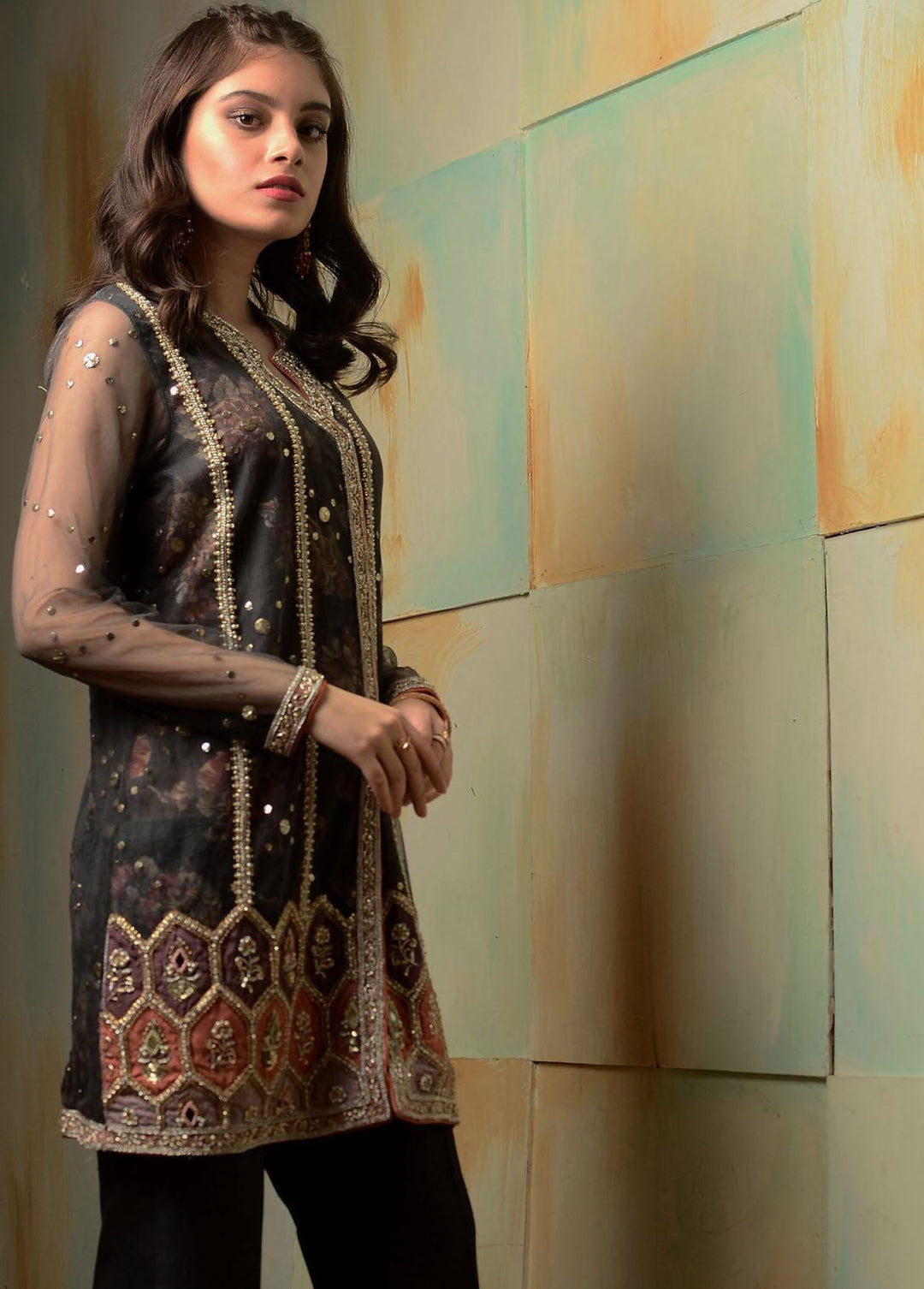 Hues Atelier Pret Embroidered Net 2 Piece Suit HA23LF Charcoal Jade