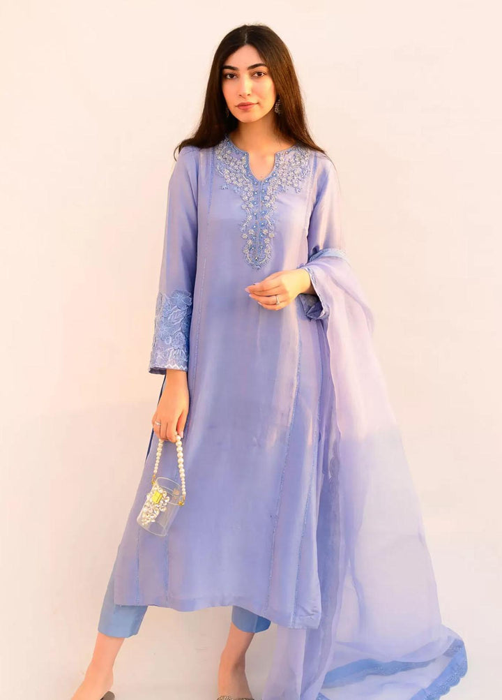 Hues Atelier Pret Embroidered Raw Silk 3 Piece Suit HA23LP Birdy Blue