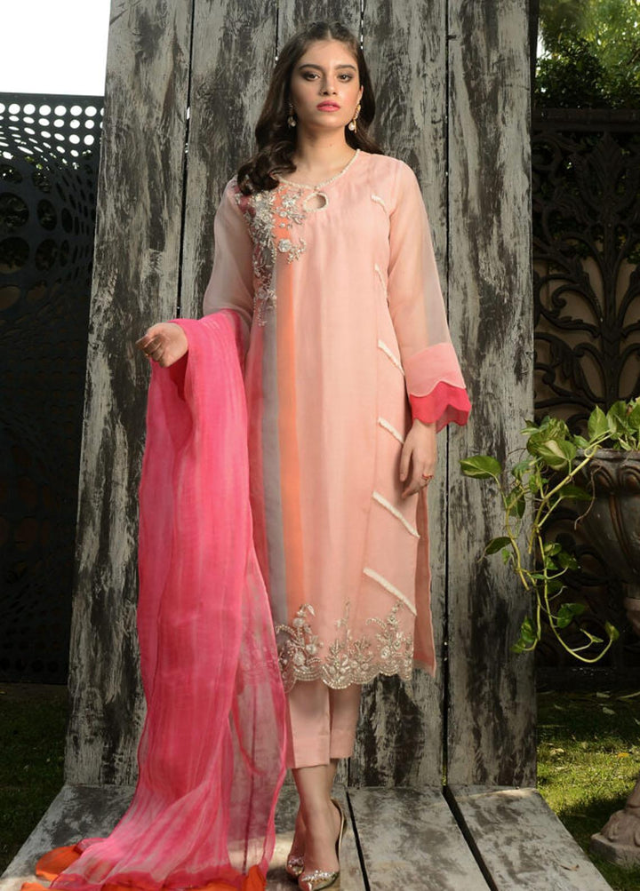 Hues Atelier Pret Embroidered Organza 3 Piece Suit HA23LP Edged Pink