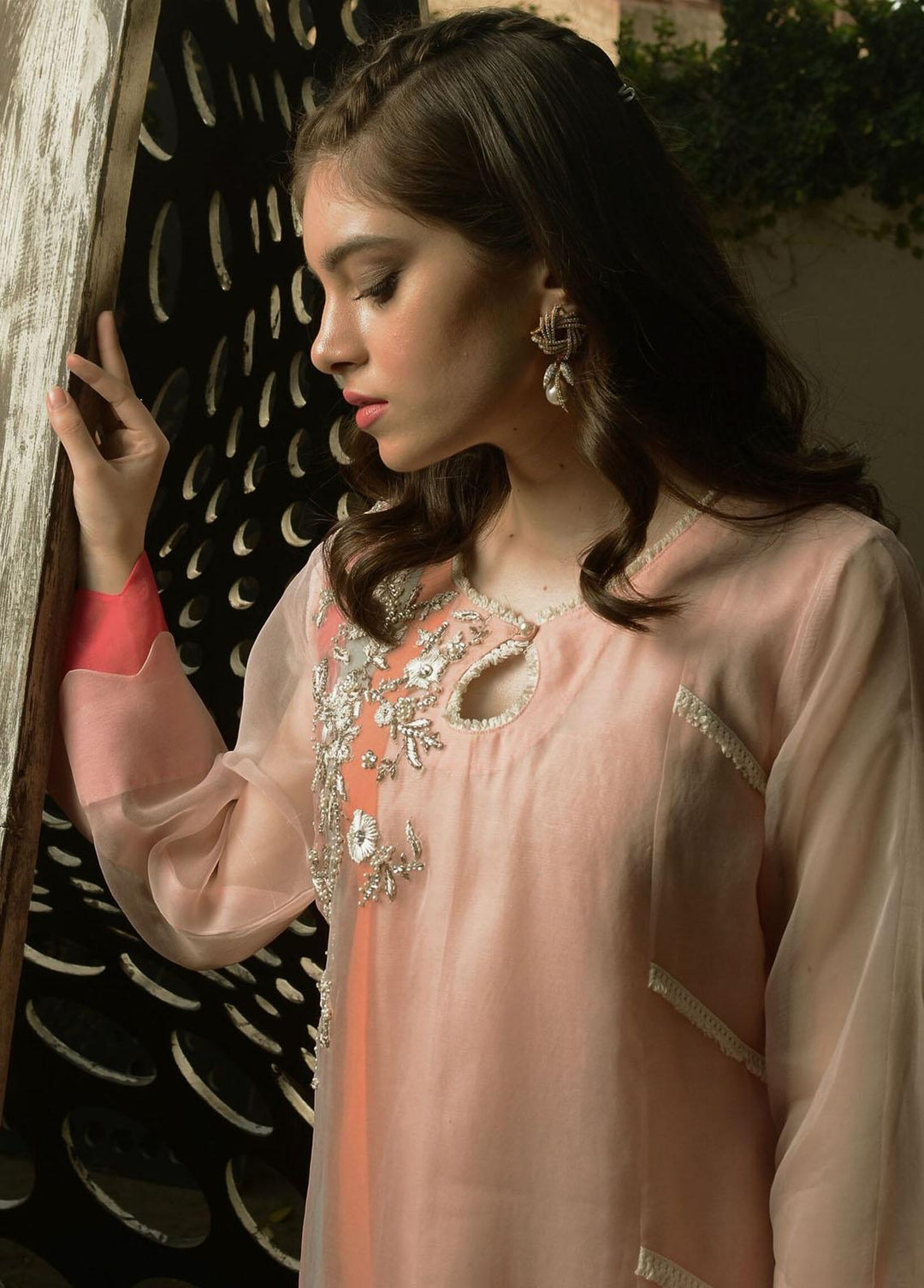 Hues Atelier Pret Embroidered Organza 3 Piece Suit HA23LP Edged Pink