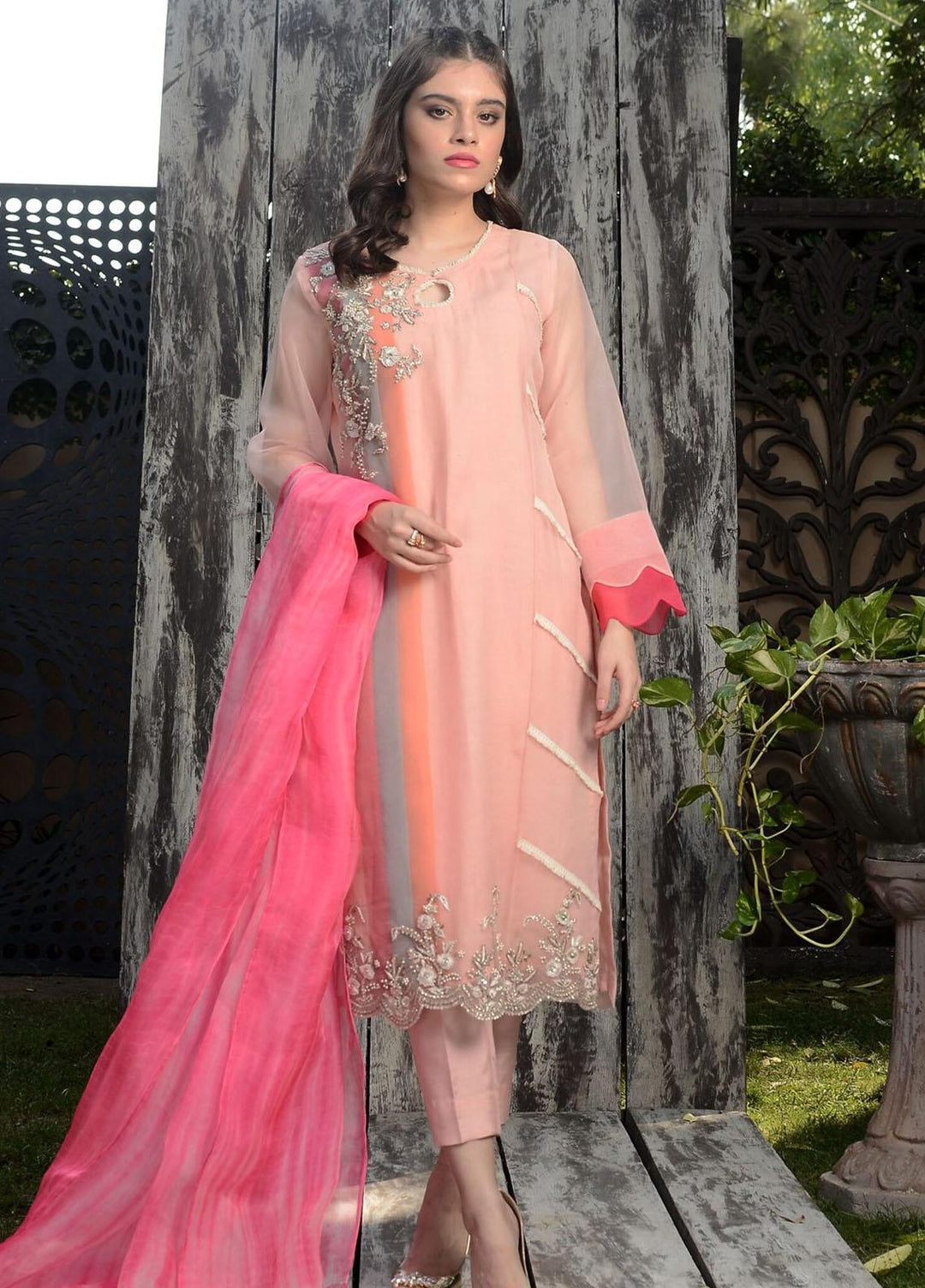 Hues Atelier Pret Embroidered Organza 3 Piece Suit HA23LP Edged Pink