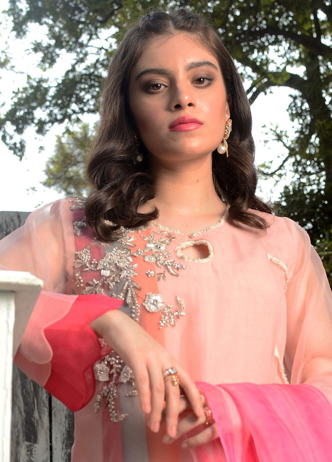 Hues Atelier Pret Embroidered Organza 3 Piece Suit HA23LP Edged Pink