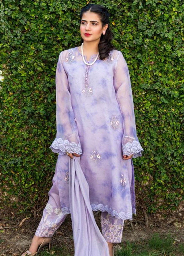 Hues Atelier Pret Embroidered Organza 3 Piece Suit HA23LP Lilac Tie And Dye