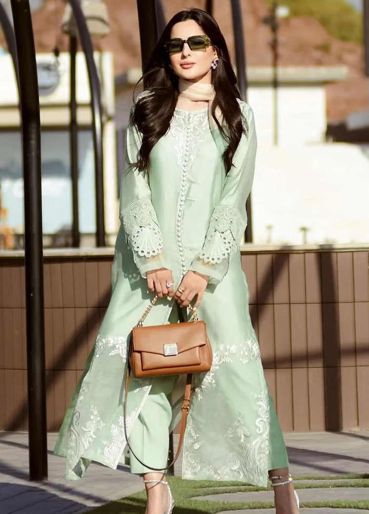 Hues Atelier Pret Embroidered Cotton Net 3 Piece Suit HA23LP Mint Paisleys