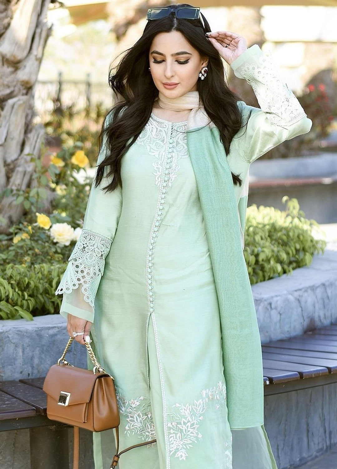 Hues Atelier Pret Embroidered Cotton Net 3 Piece Suit HA23LP Mint Paisleys