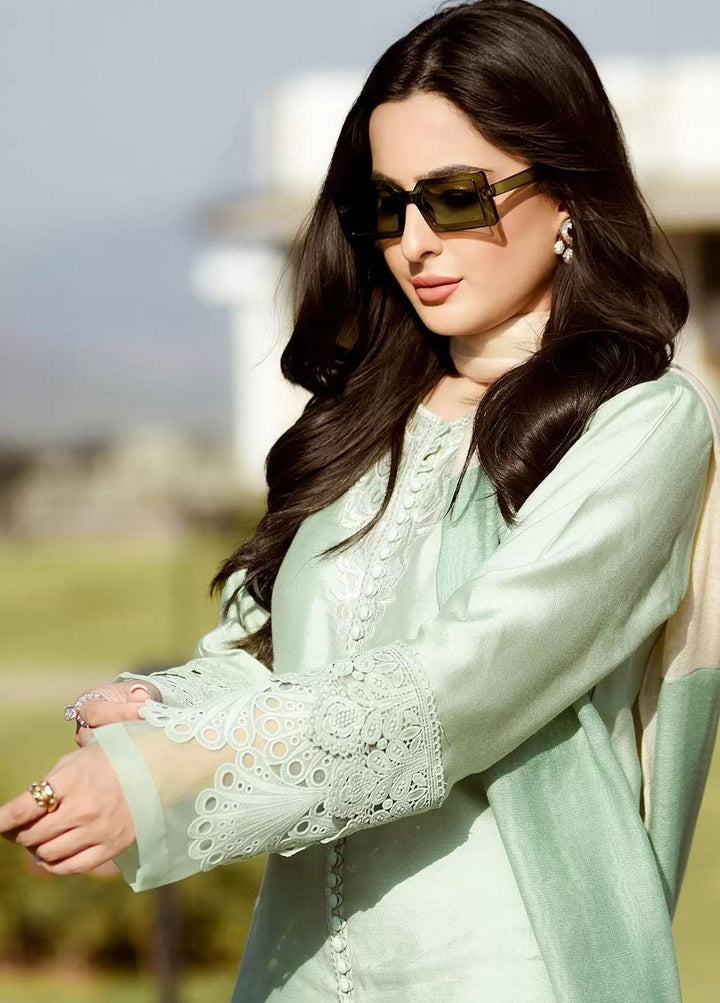 Hues Atelier Pret Embroidered Cotton Net 3 Piece Suit HA23LP Mint Paisleys
